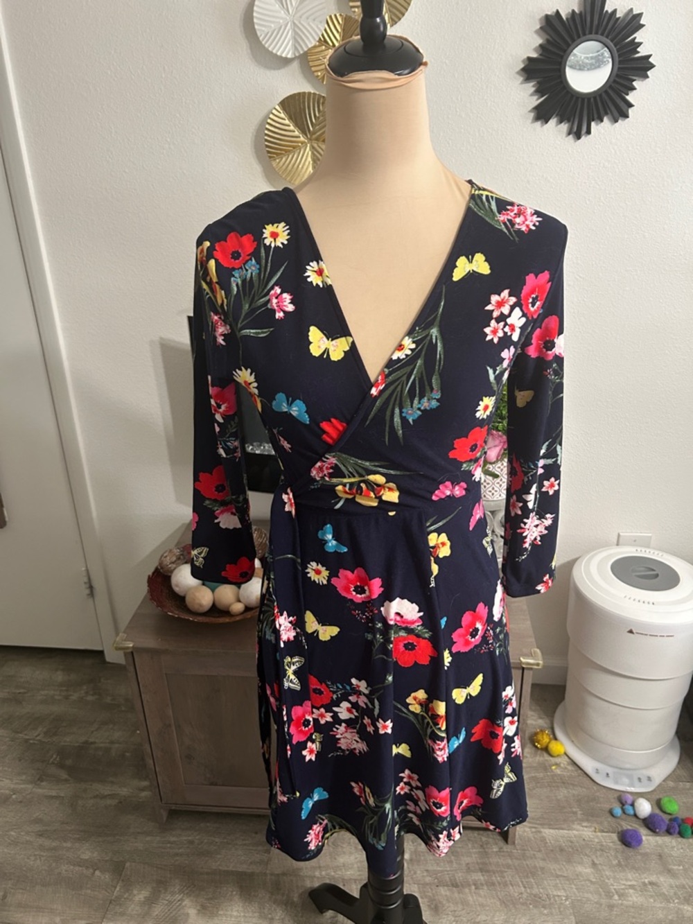 No Boundaries Navy Floral Wrap Dress with Butterflies